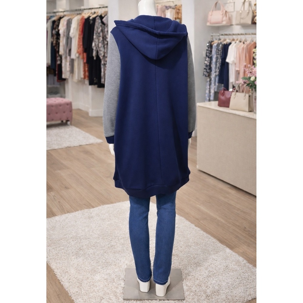 SHEIN Curve Womens 2XL Navy Blue‎ Grey Longline Full Zip Fleece Hoodie Jacket - Picture 5 of 8
